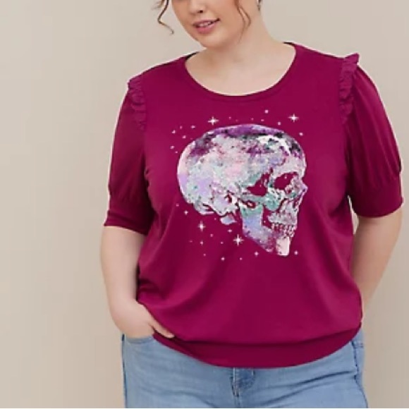 NWT Torrid 3X Skull Short Sleeve Sweater Goth Ruffle Gothic Stars Astrology Punk - Picture 3 of 8